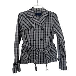 Blue Les Copains Black White Plaid Double Breasted Short Trench Coat Jacket